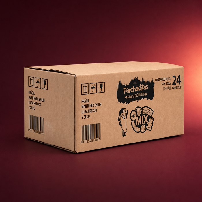 Caja de gomitas enchiladas sobre fondo vino