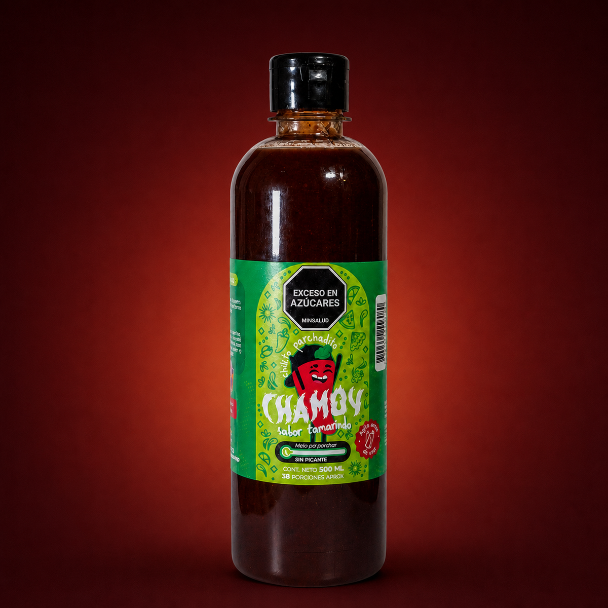 Chamoy de tamarindo sin picante de 500 ml sobre fondo vino