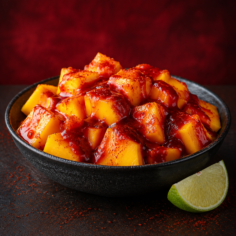 Mango enchilado en cubos con chamoy y polvito picosito