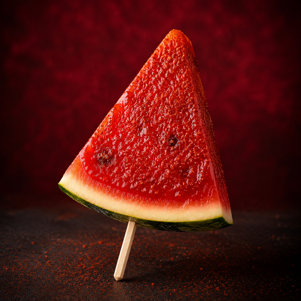Paleta triangular de sandía cubierta con Chamoy y Polvito picosito