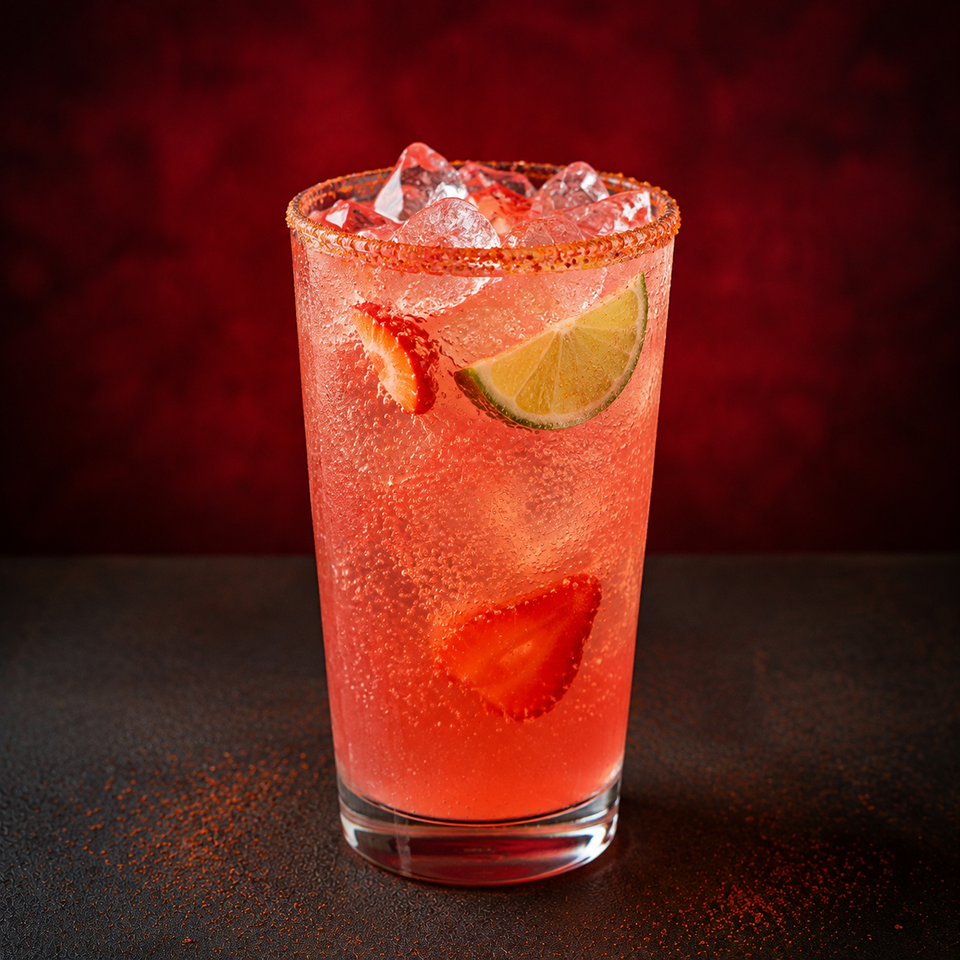 Soda frutal de fresa y limón con hielo, burbujas y Polvito picosito