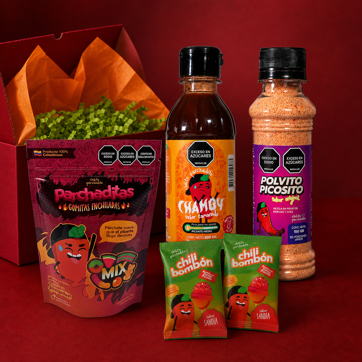 El parche sorpresa con Chamoy, Polvito Picosito, gomitas enchiladas y Chili bombones