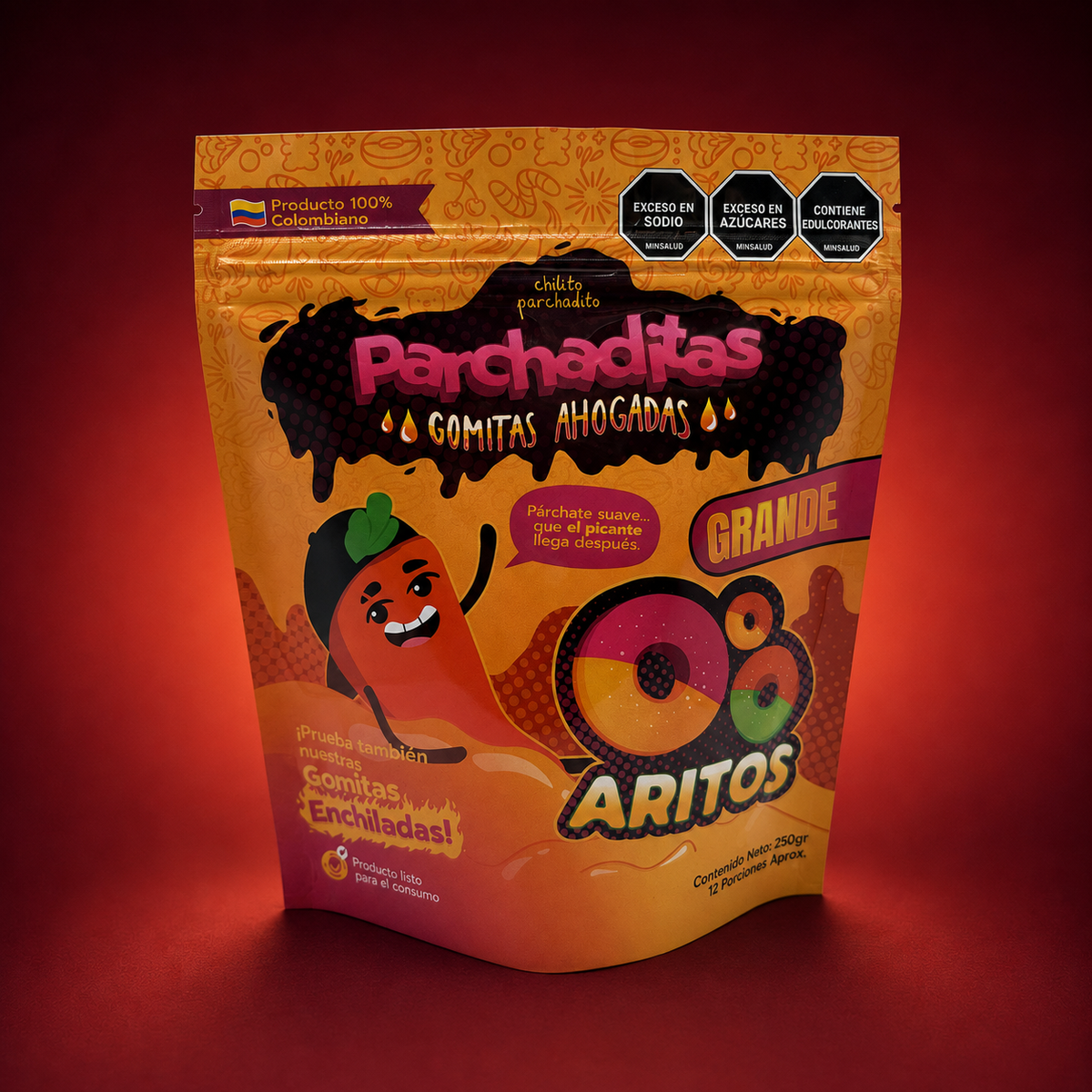 Gomitas ahogadas de aros de 250 g sobre fondo vino