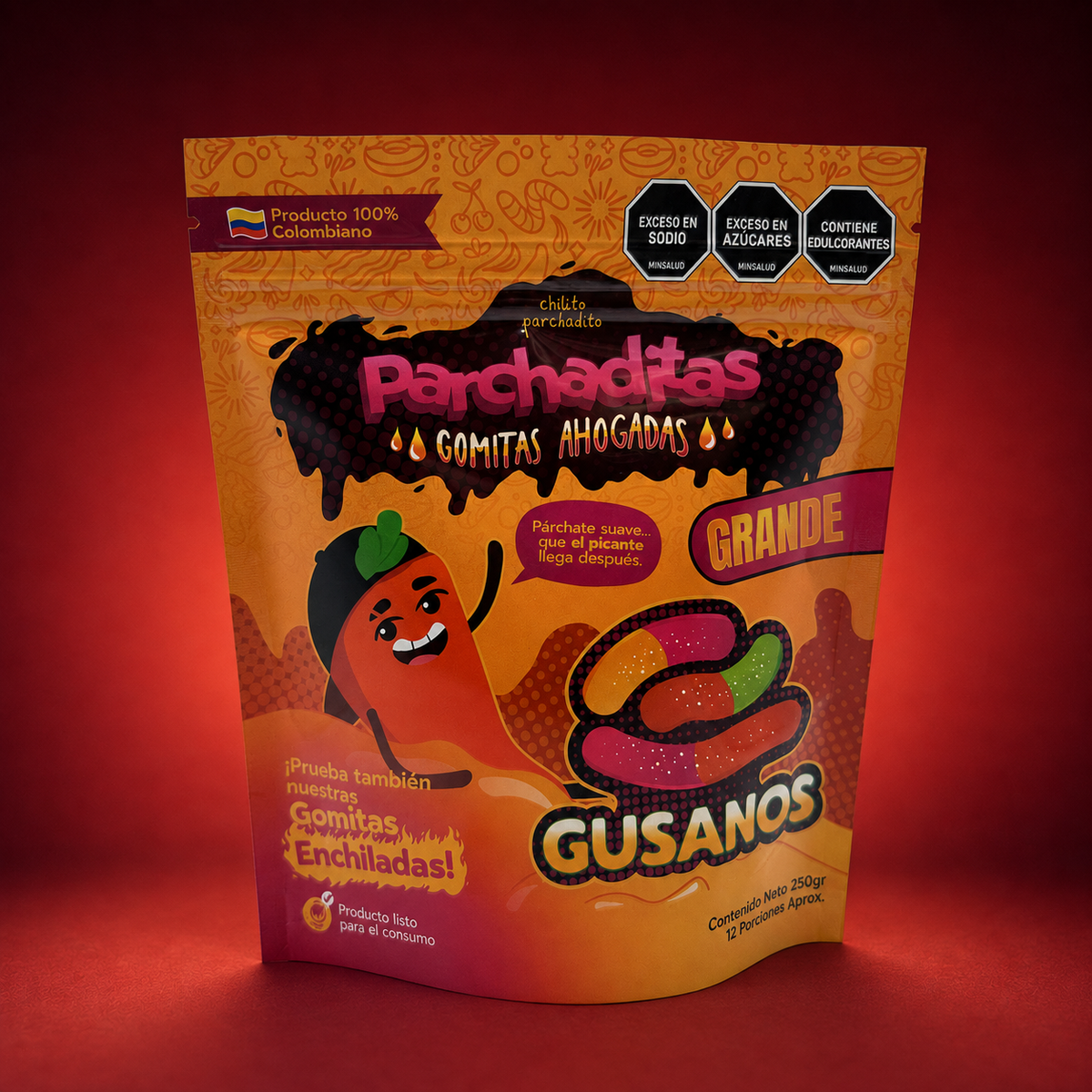 Gomitas ahogadas de gusanitos de 250 g sobre fondo vino