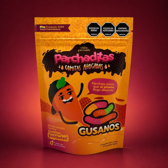 Gomitas ahogadas Gusanitos sobre fondo vino
