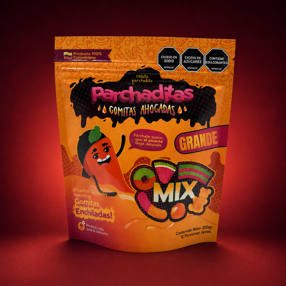 Mix de gomitas ahogadas de 250 g sobre fondo vino
