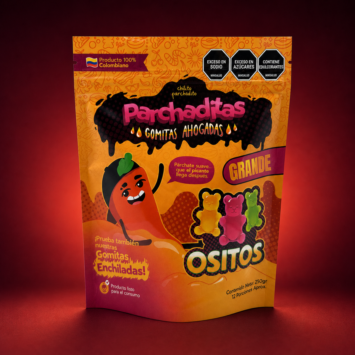 Gomitas ahogadas de ositos de 250 g sobre fondo vino