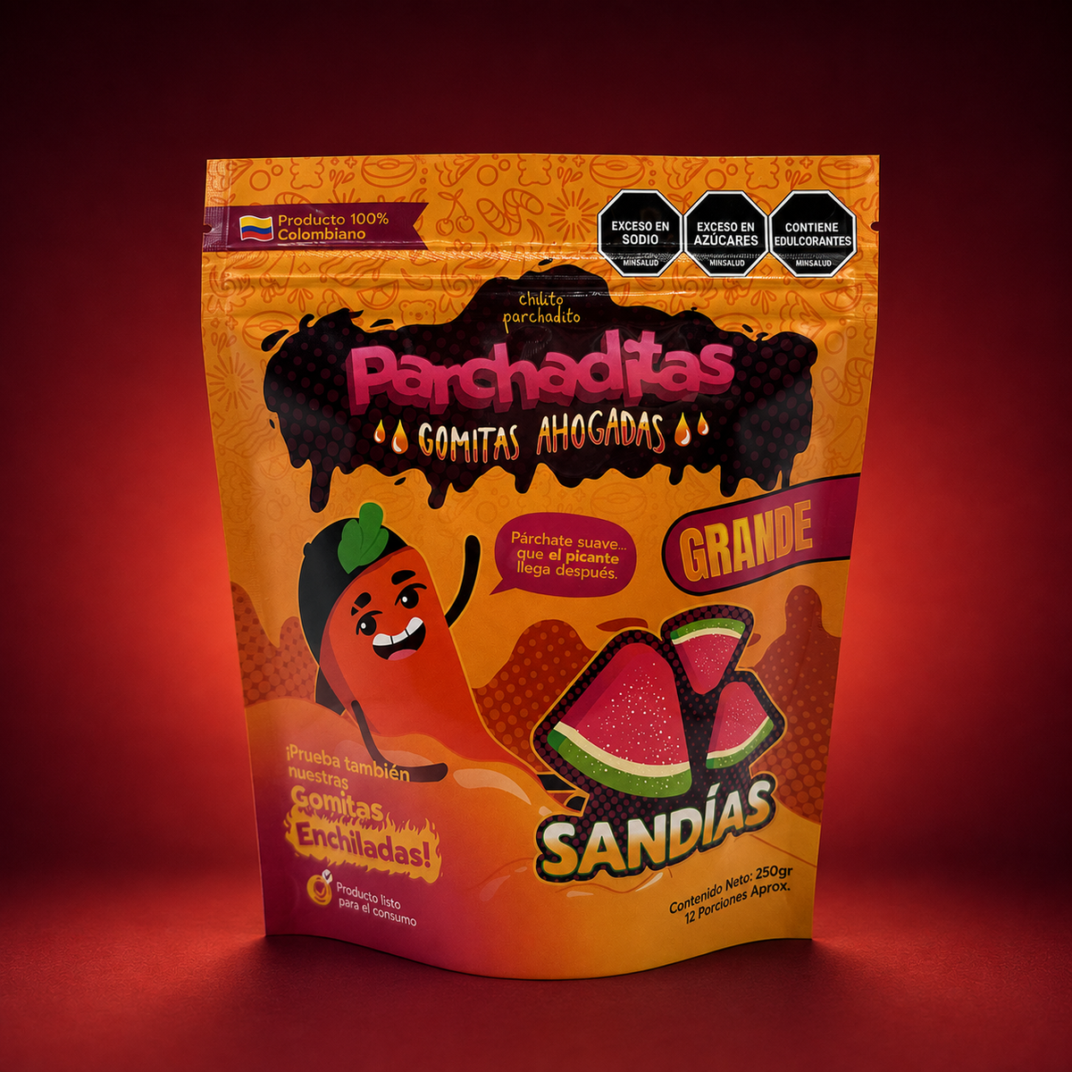 Gomitas ahogadas de sandía de 250 g sobre fondo vino