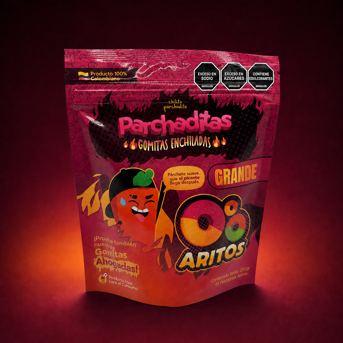 Gomitas enchiladas de aros de 200 g sobre fondo vino