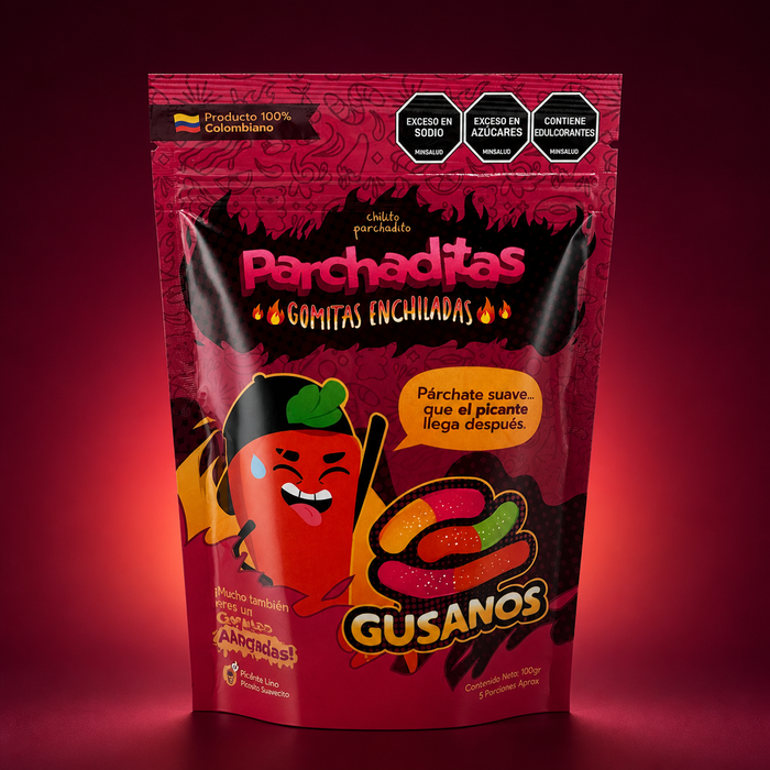 Gomitas enchiladas Gusanitos sobre fondo vino