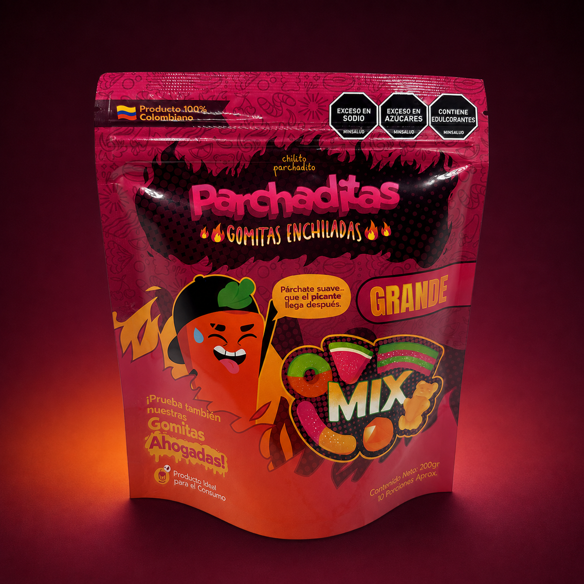 Mix de gomitas enchiladas de 200 g sobre fondo vino