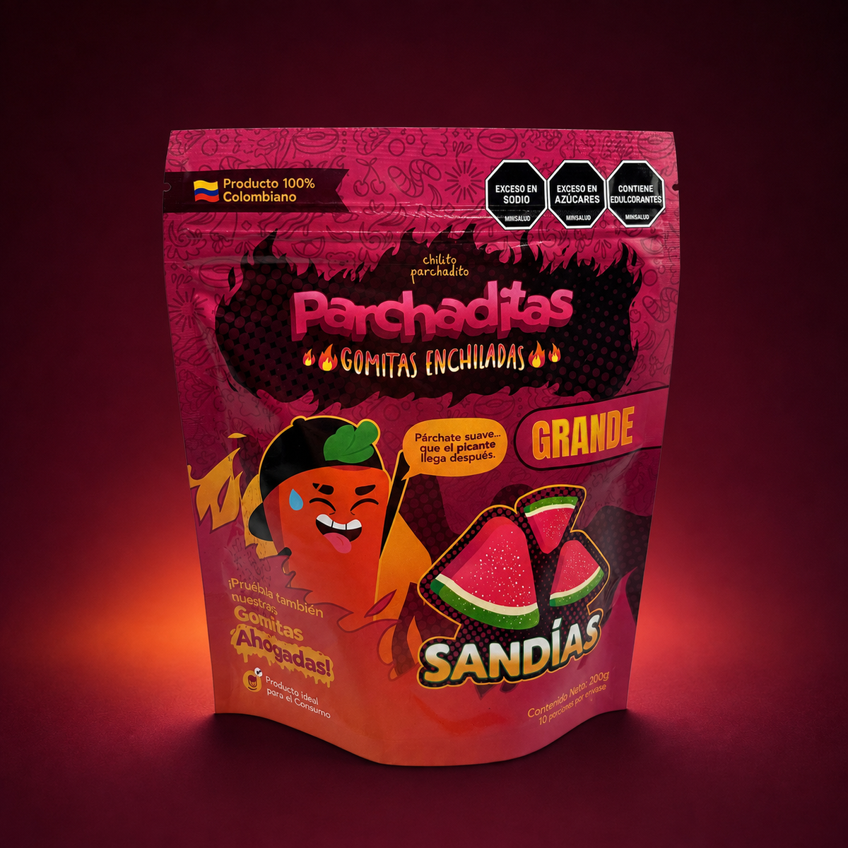 Gomitas enchiladas de sandía de 200 g sobre fondo vino
