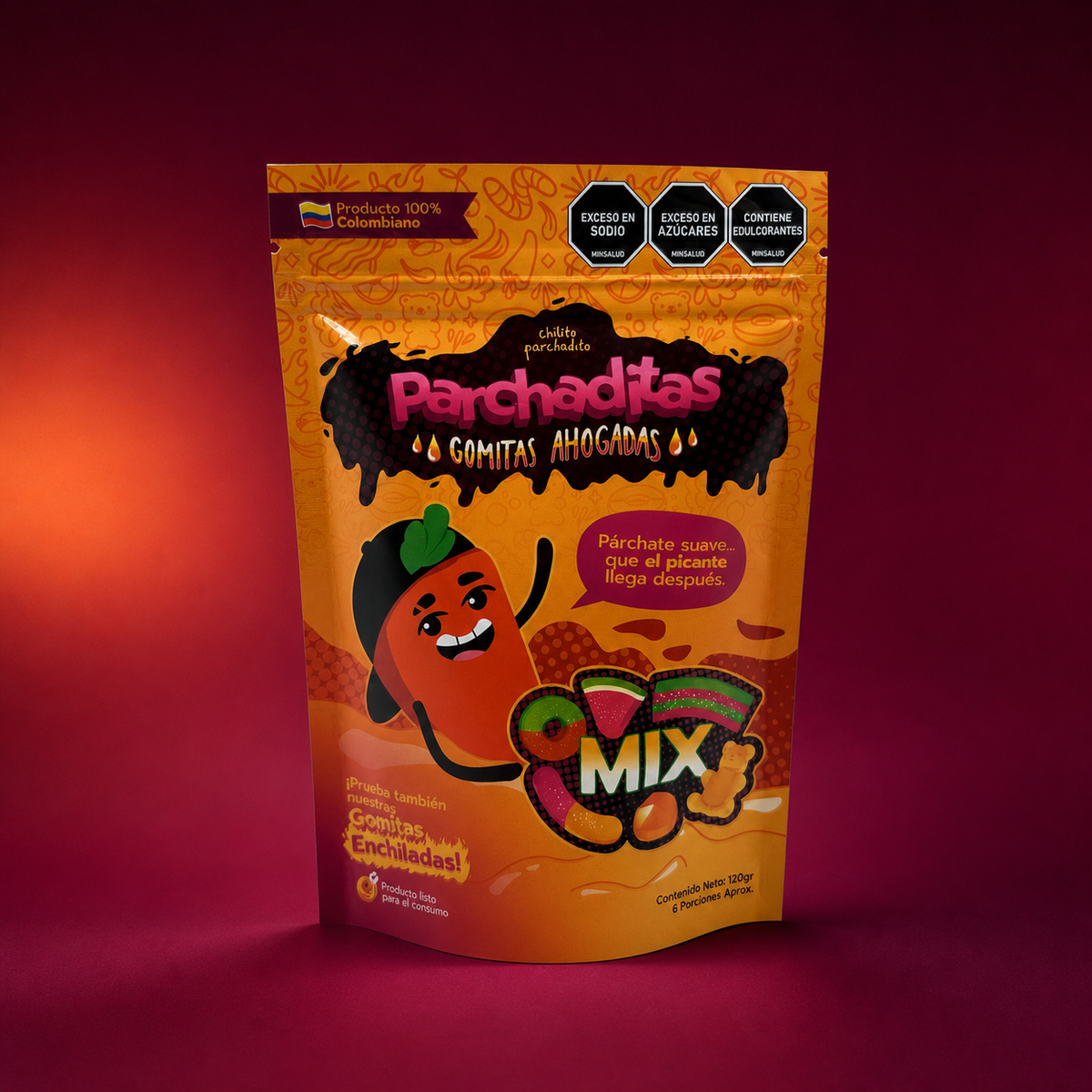 Mix de gomitas ahogadas sobre fondo vino