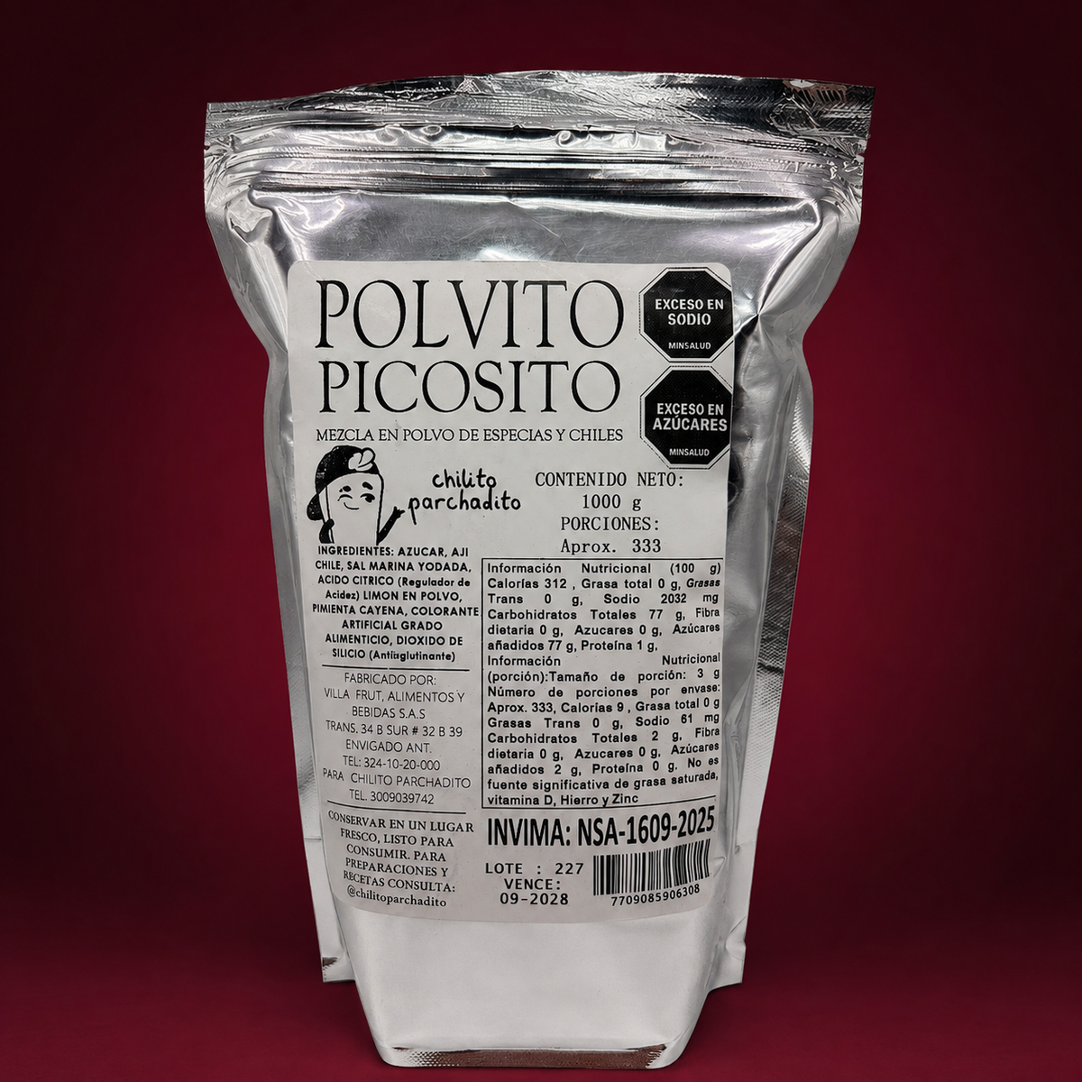 Polvito picosito 1000gr sobre fondo vino